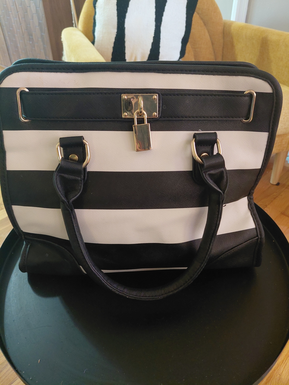 Classic Striped Tote Bag with Gold Lock - Black & White